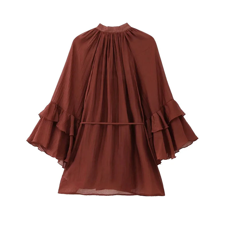 Elegant Ruffle Long Sleeve Mini Dress with Tie Waist and Pleated Details for Summer Party and Casual Wear