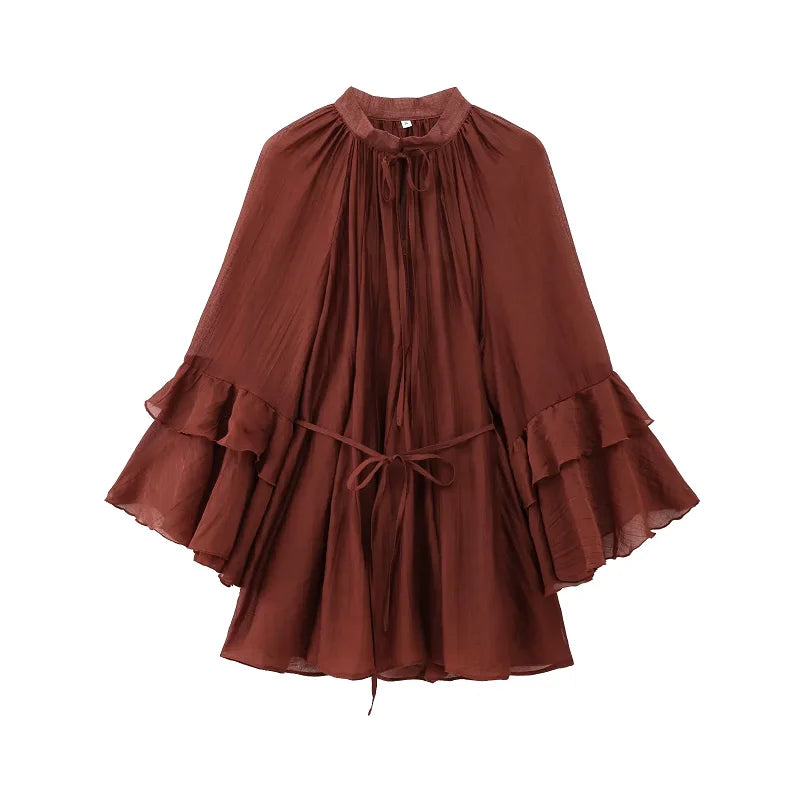 Elegant Ruffle Long Sleeve Mini Dress with Tie Waist and Pleated Details for Summer Party and Casual Wear