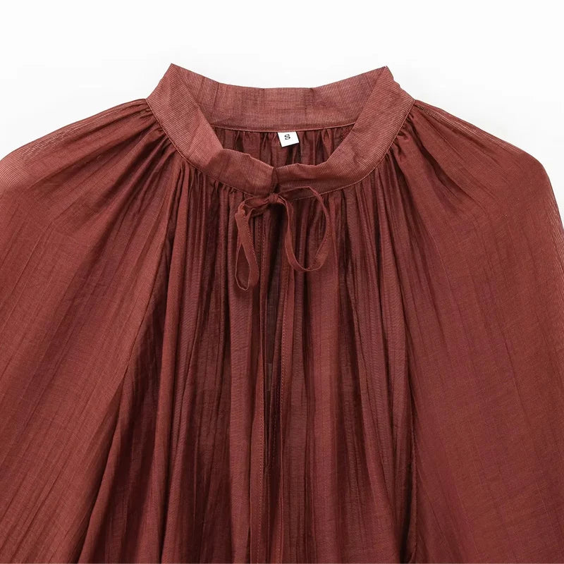 Elegant Ruffle Long Sleeve Mini Dress with Tie Waist and Pleated Details for Summer Party and Casual Wear