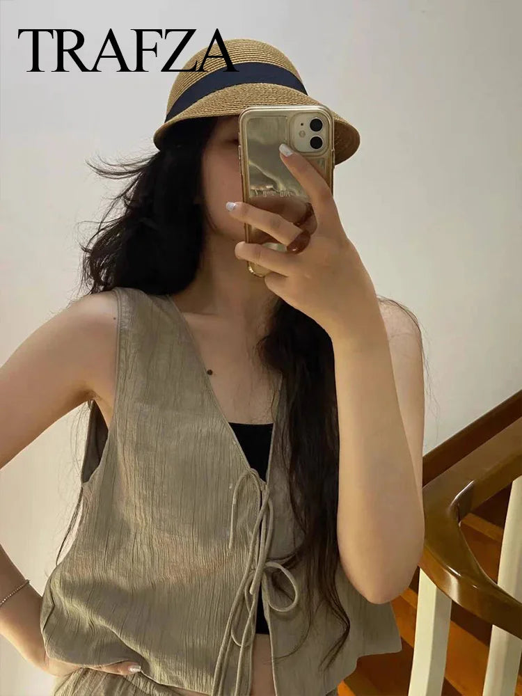 Women's Brown V-Neck Sleeveless Lace-Up Cardigan Slim Vest and A-Line Casual Loose Skirt Two-Piece Set for Summer Holiday