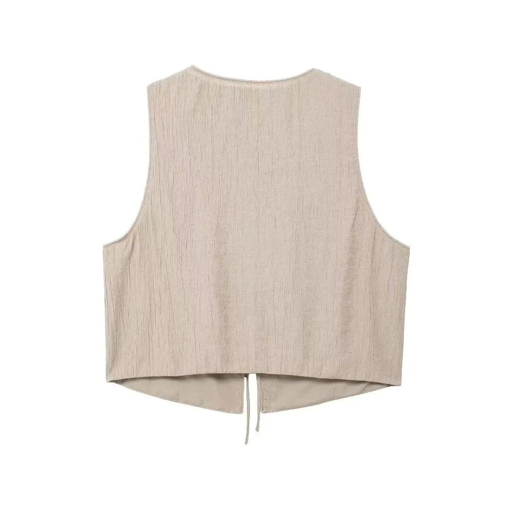 Women's Brown V-Neck Sleeveless Lace-Up Cardigan Slim Vest and A-Line Casual Loose Skirt Two-Piece Set for Summer Holiday