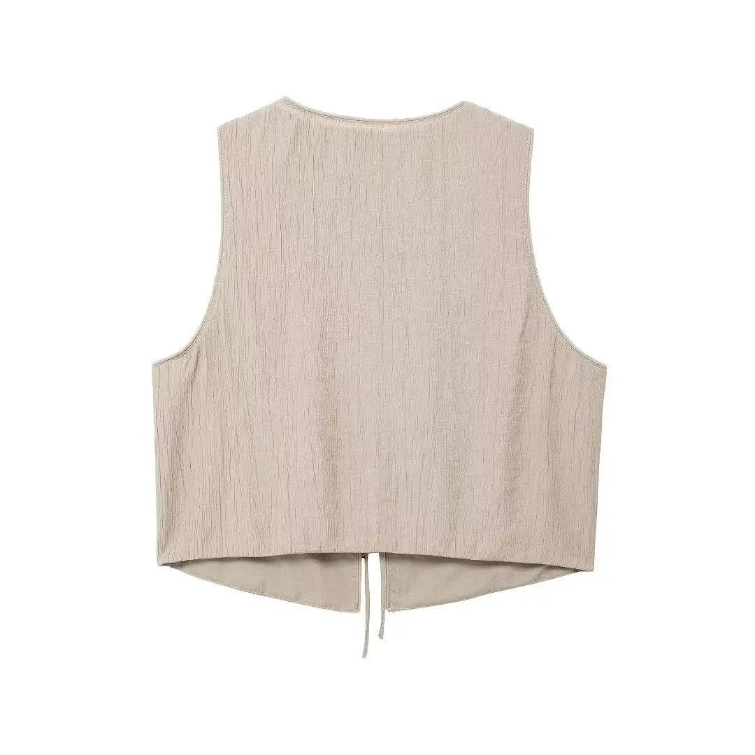 Women's Brown V-Neck Sleeveless Lace-Up Cardigan Slim Vest and A-Line Casual Loose Skirt Two-Piece Set for Summer Holiday