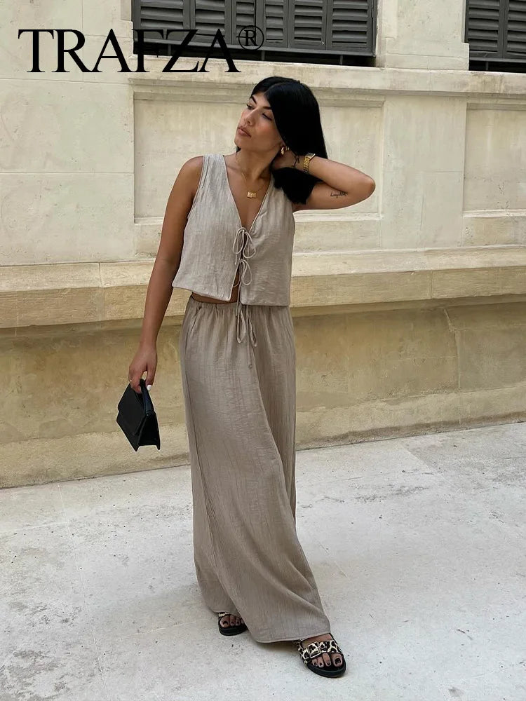 Women's Brown V-Neck Sleeveless Lace-Up Cardigan Slim Vest and A-Line Casual Loose Skirt Two-Piece Set for Summer Holiday