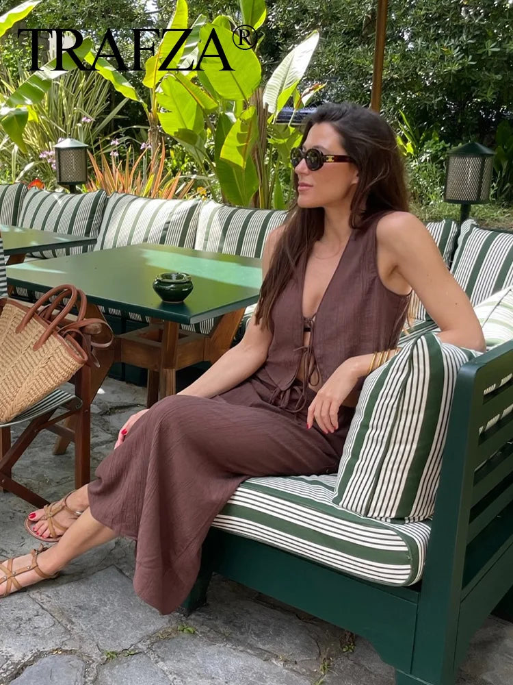 Women's Brown V-Neck Sleeveless Lace-Up Cardigan Slim Vest and A-Line Casual Loose Skirt Two-Piece Set for Summer Holiday