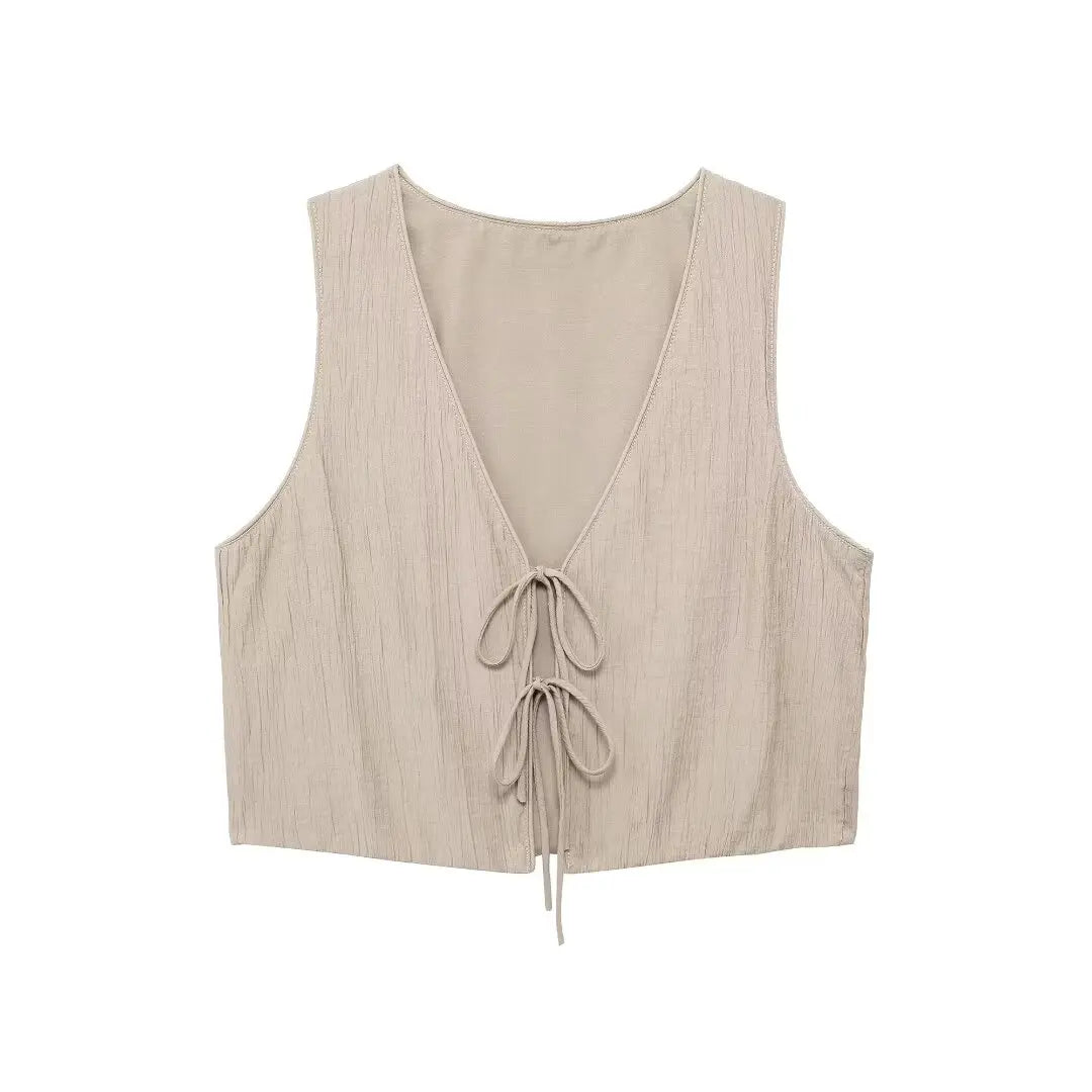 Women's Brown V-Neck Sleeveless Lace-Up Cardigan Slim Vest and A-Line Casual Loose Skirt Two-Piece Set for Summer Holiday