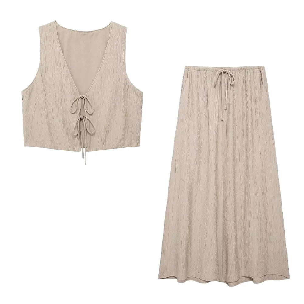 Women's Brown V-Neck Sleeveless Lace-Up Cardigan Slim Vest and A-Line Casual Loose Skirt Two-Piece Set for Summer Holiday