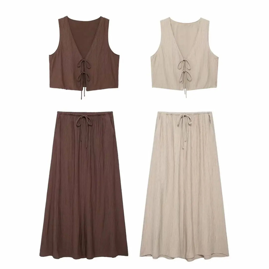 Women's Brown V-Neck Sleeveless Lace-Up Cardigan Slim Vest and A-Line Casual Loose Skirt Two-Piece Set for Summer Holiday