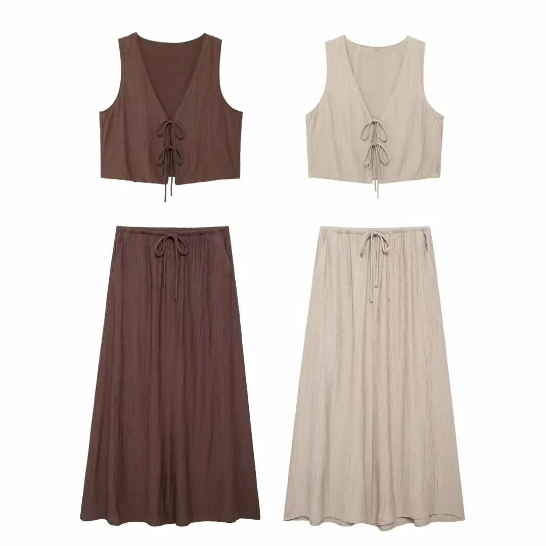 Women's Brown V-Neck Sleeveless Lace-Up Cardigan Slim Vest and A-Line Casual Loose Skirt Two-Piece Set for Summer Holiday