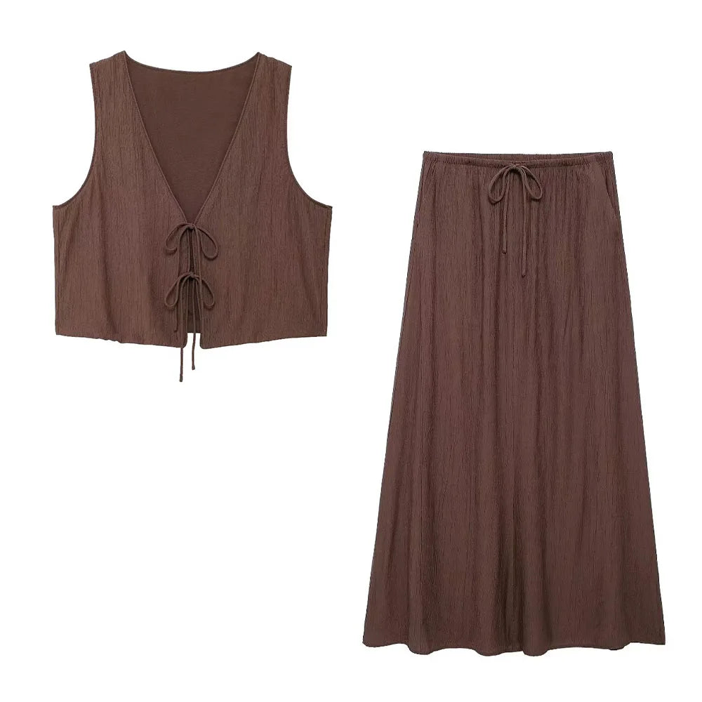 Women's Brown V-Neck Sleeveless Lace-Up Cardigan Slim Vest and A-Line Casual Loose Skirt Two-Piece Set for Summer Holiday