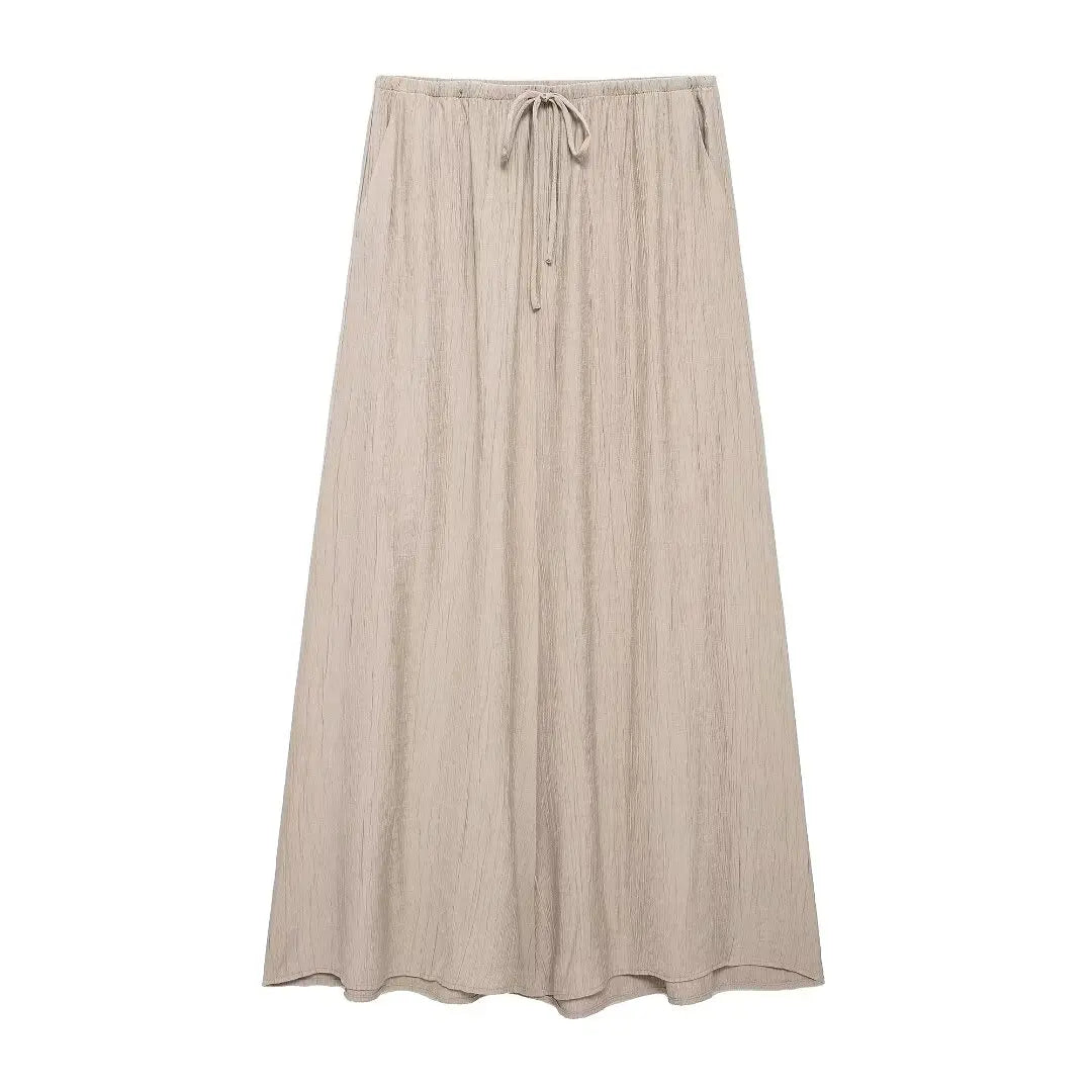 Women's Brown V-Neck Sleeveless Lace-Up Cardigan Slim Vest and A-Line Casual Loose Skirt Two-Piece Set for Summer Holiday