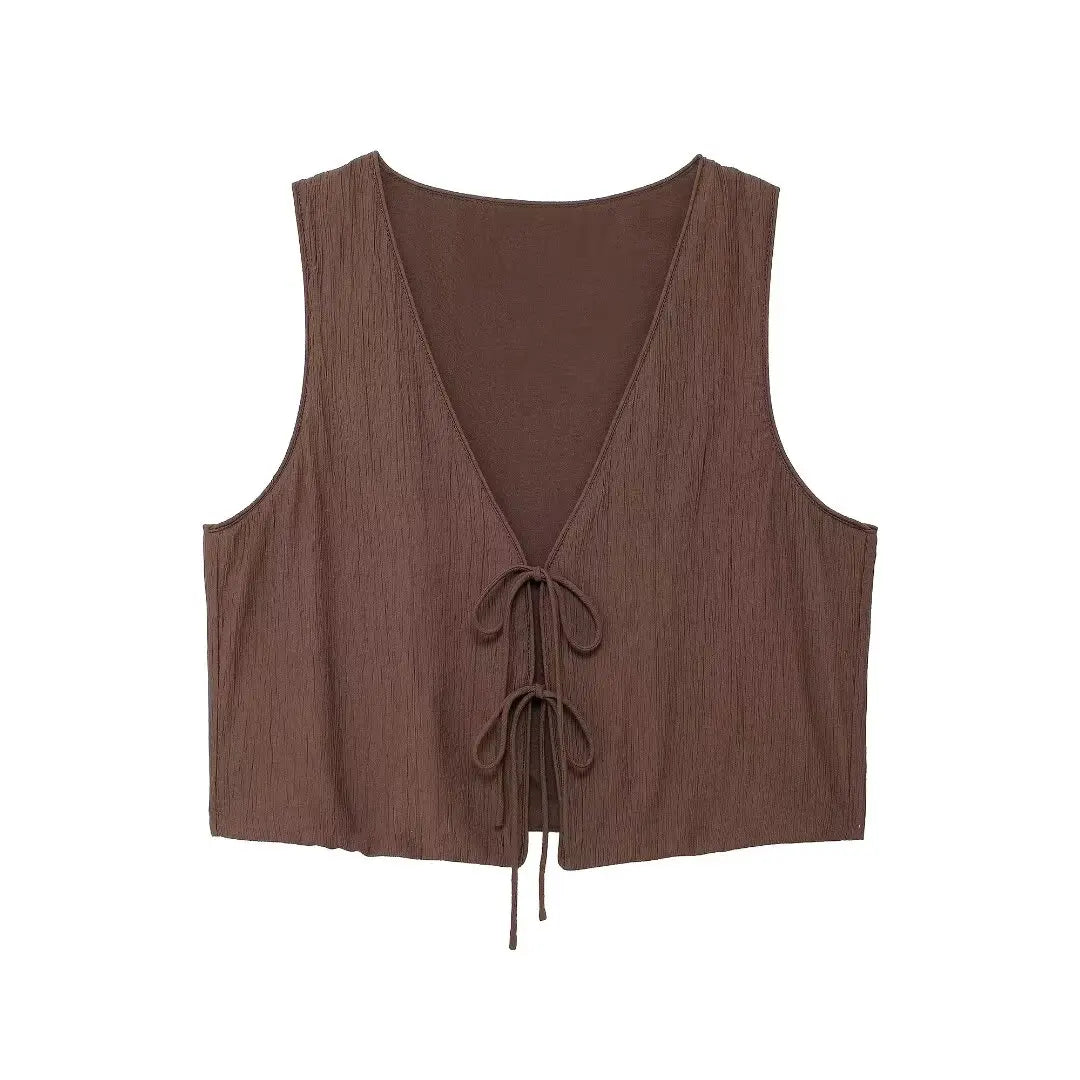 Women's Brown V-Neck Sleeveless Lace-Up Cardigan Slim Vest and A-Line Casual Loose Skirt Two-Piece Set for Summer Holiday