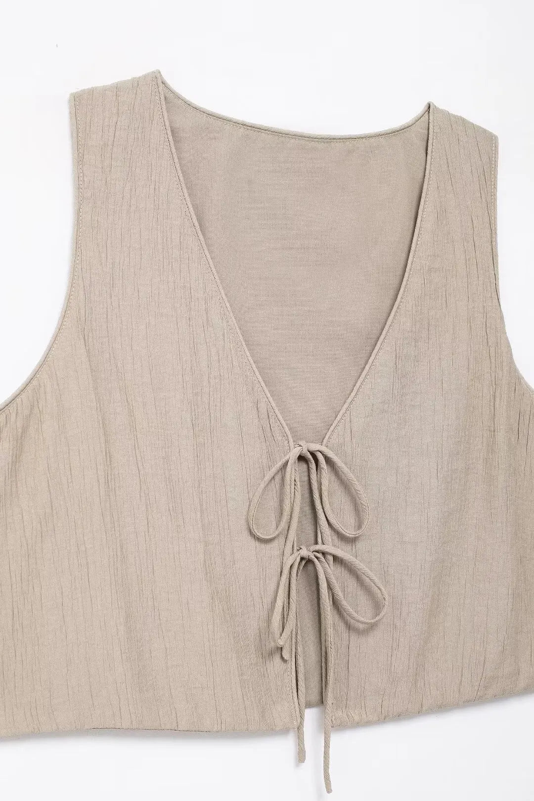 Women's Brown V-Neck Sleeveless Lace-Up Cardigan Slim Vest and A-Line Casual Loose Skirt Two-Piece Set for Summer Holiday