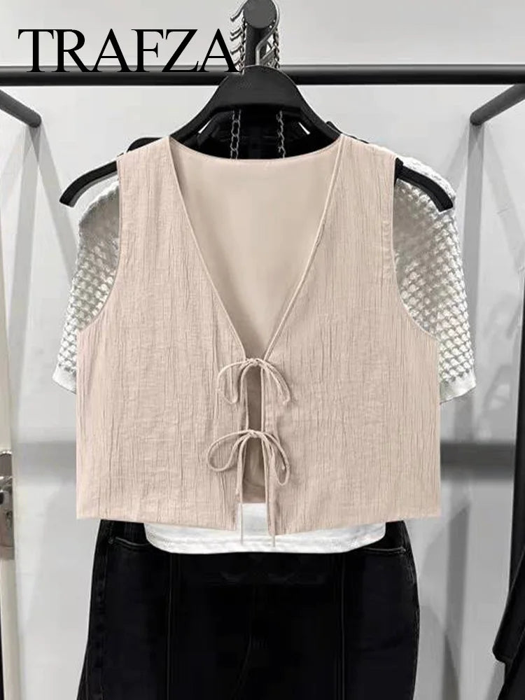 Women's Brown V-Neck Sleeveless Lace-Up Cardigan Slim Vest and A-Line Casual Loose Skirt Two-Piece Set for Summer Holiday