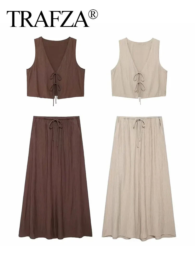 Women's Brown V-Neck Sleeveless Lace-Up Cardigan Slim Vest and A-Line Casual Loose Skirt Two-Piece Set for Summer Holiday