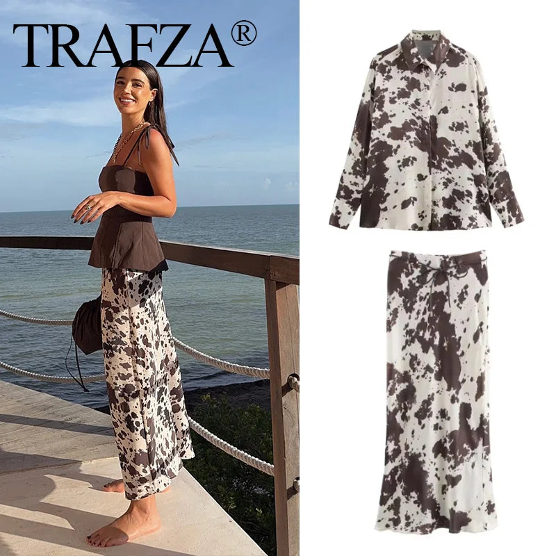 Brown Printed Casual Shirt and High Waist Drawstring Belt Satin Midi Skirt Matching Set for Women Spring Fashion Skirts Suit