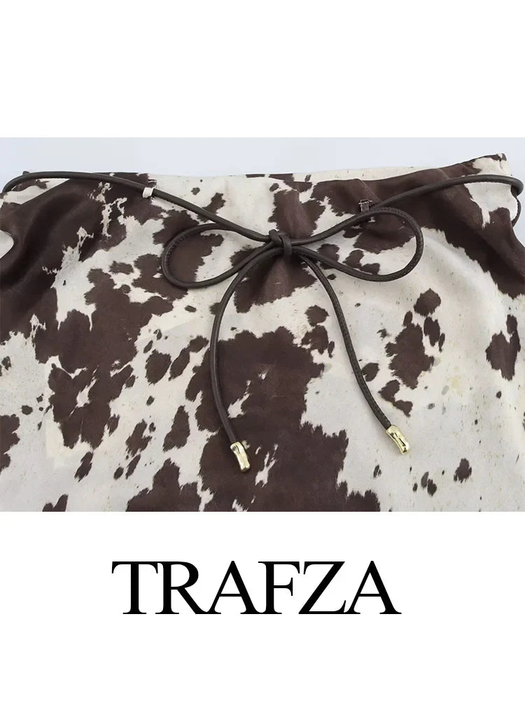 Brown Printed Casual Shirt and High Waist Drawstring Belt Satin Midi Skirt Matching Set for Women Spring Fashion Skirts Suit