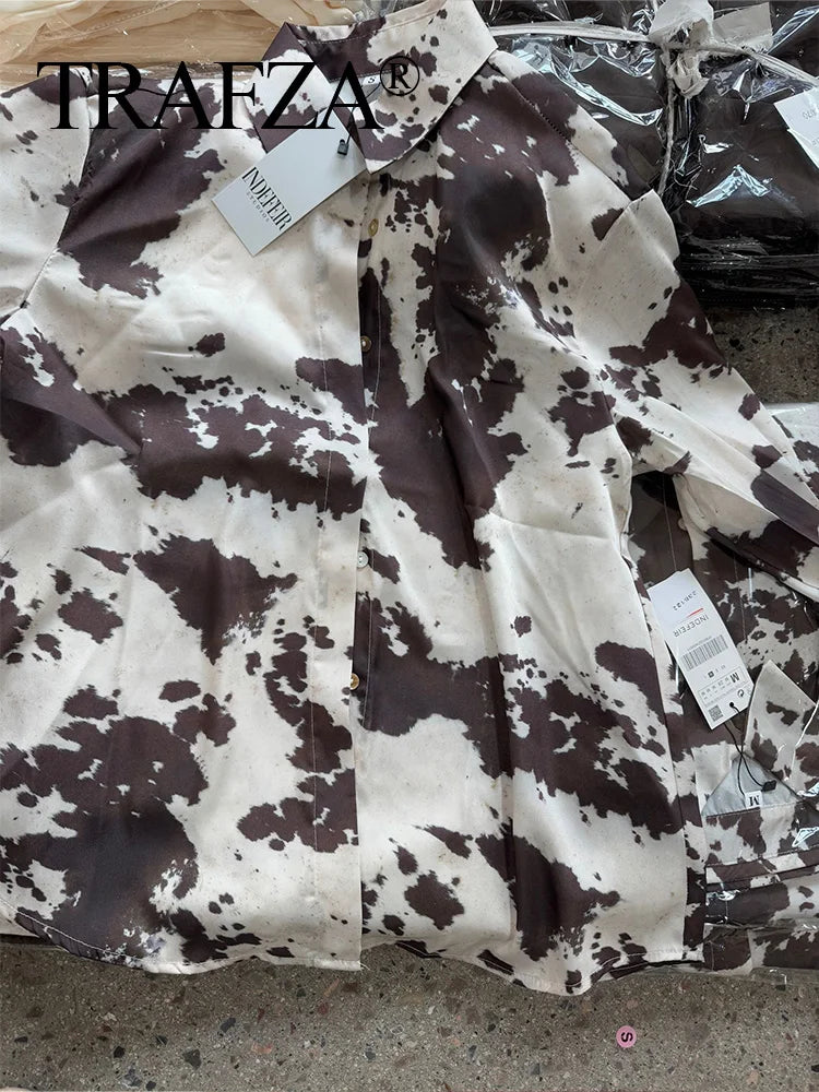 Brown Printed Casual Shirt and High Waist Drawstring Belt Satin Midi Skirt Matching Set for Women Spring Fashion Skirts Suit