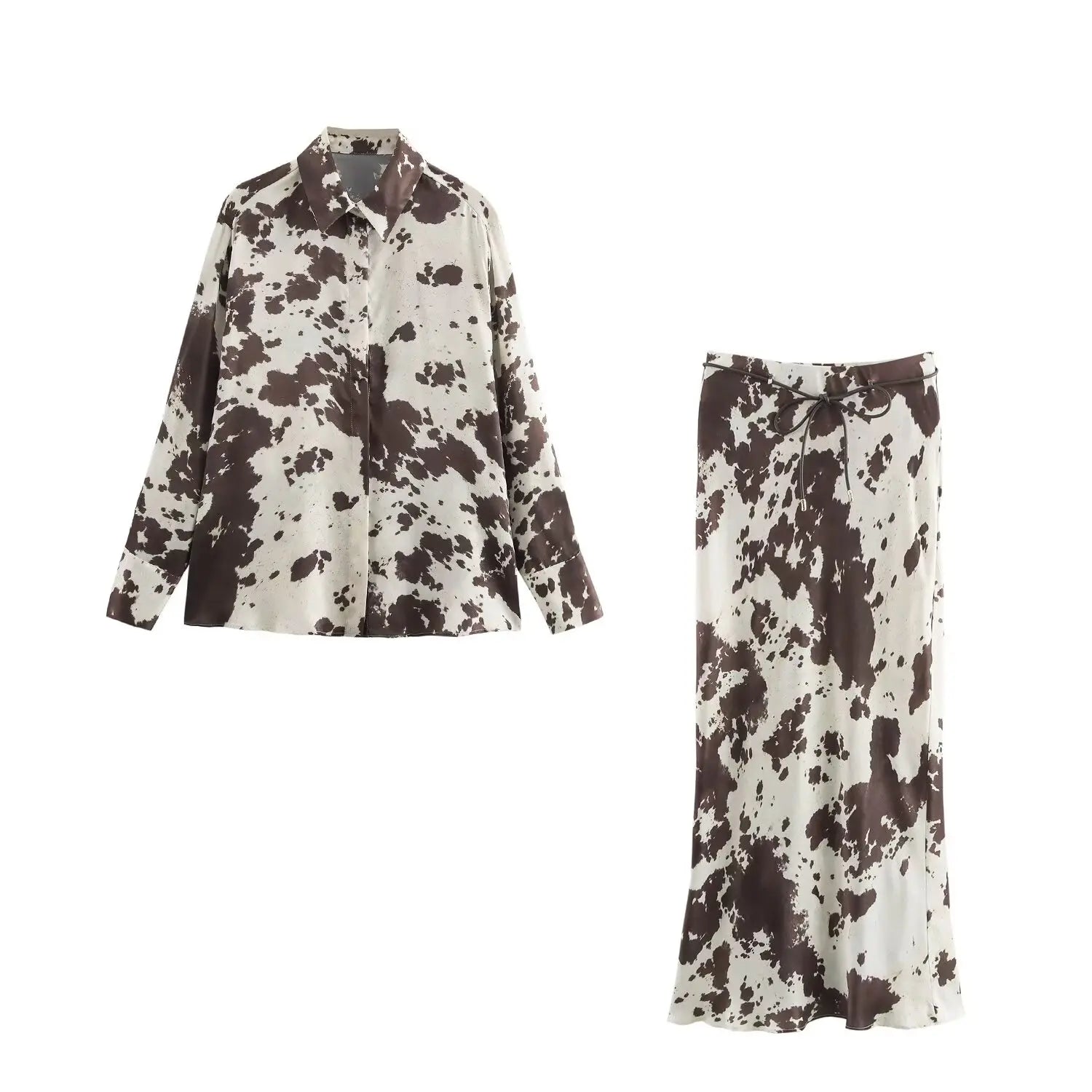 Brown Printed Casual Shirt and High Waist Drawstring Belt Satin Midi Skirt Matching Set for Women Spring Fashion Skirts Suit