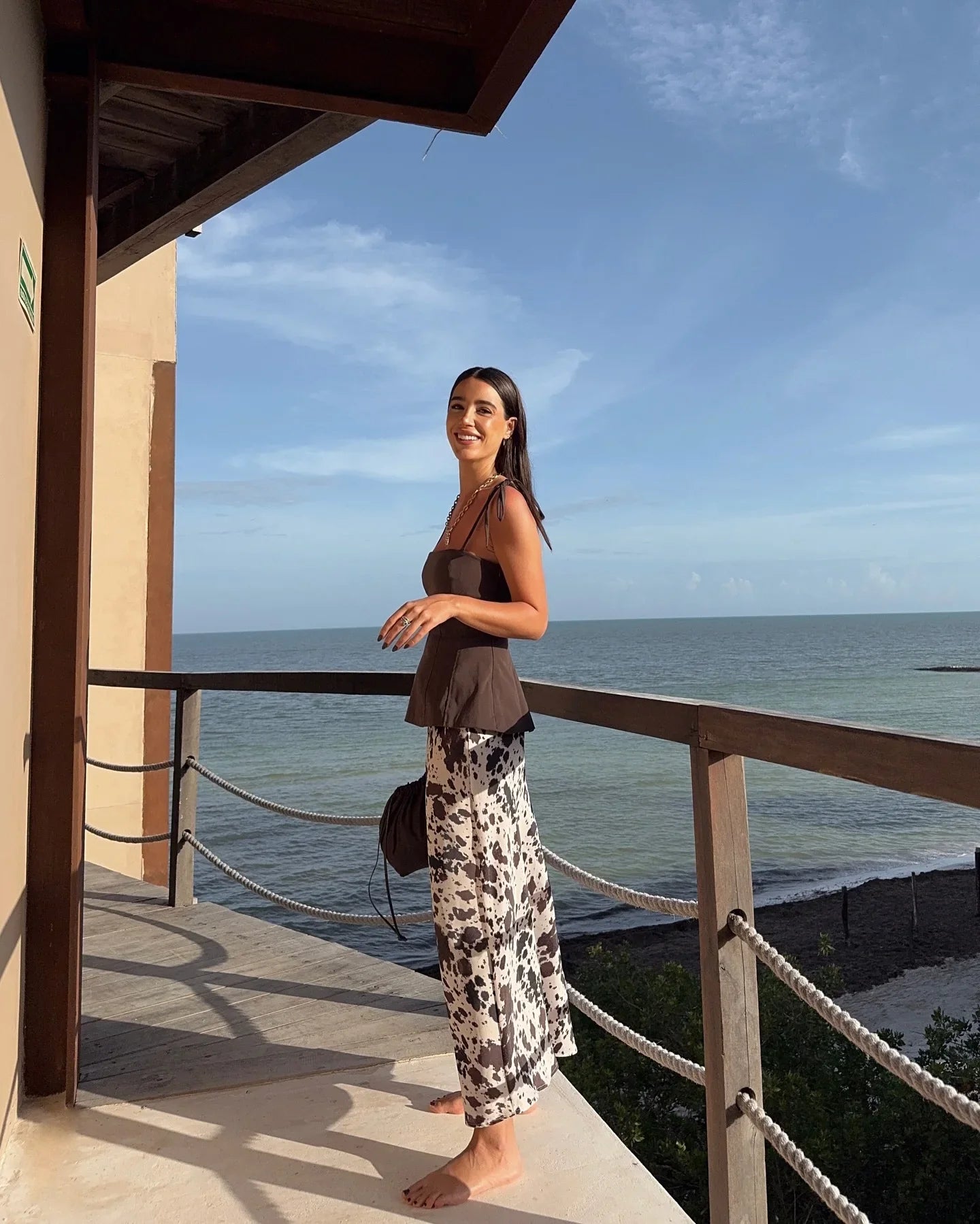 Brown Printed Casual Shirt and High Waist Drawstring Belt Satin Midi Skirt Matching Set for Women Spring Fashion Skirts Suit