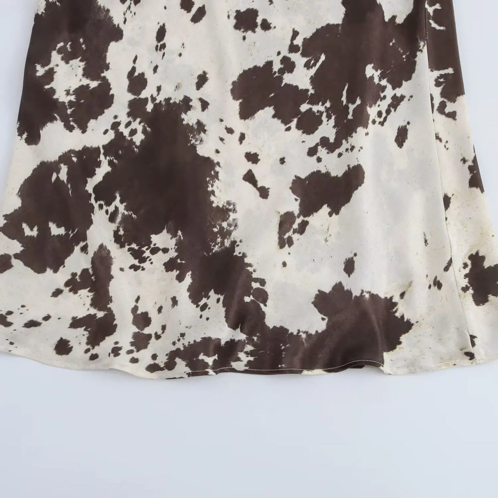 Brown Printed Casual Shirt and High Waist Drawstring Belt Satin Midi Skirt Matching Set for Women Spring Fashion Skirts Suit