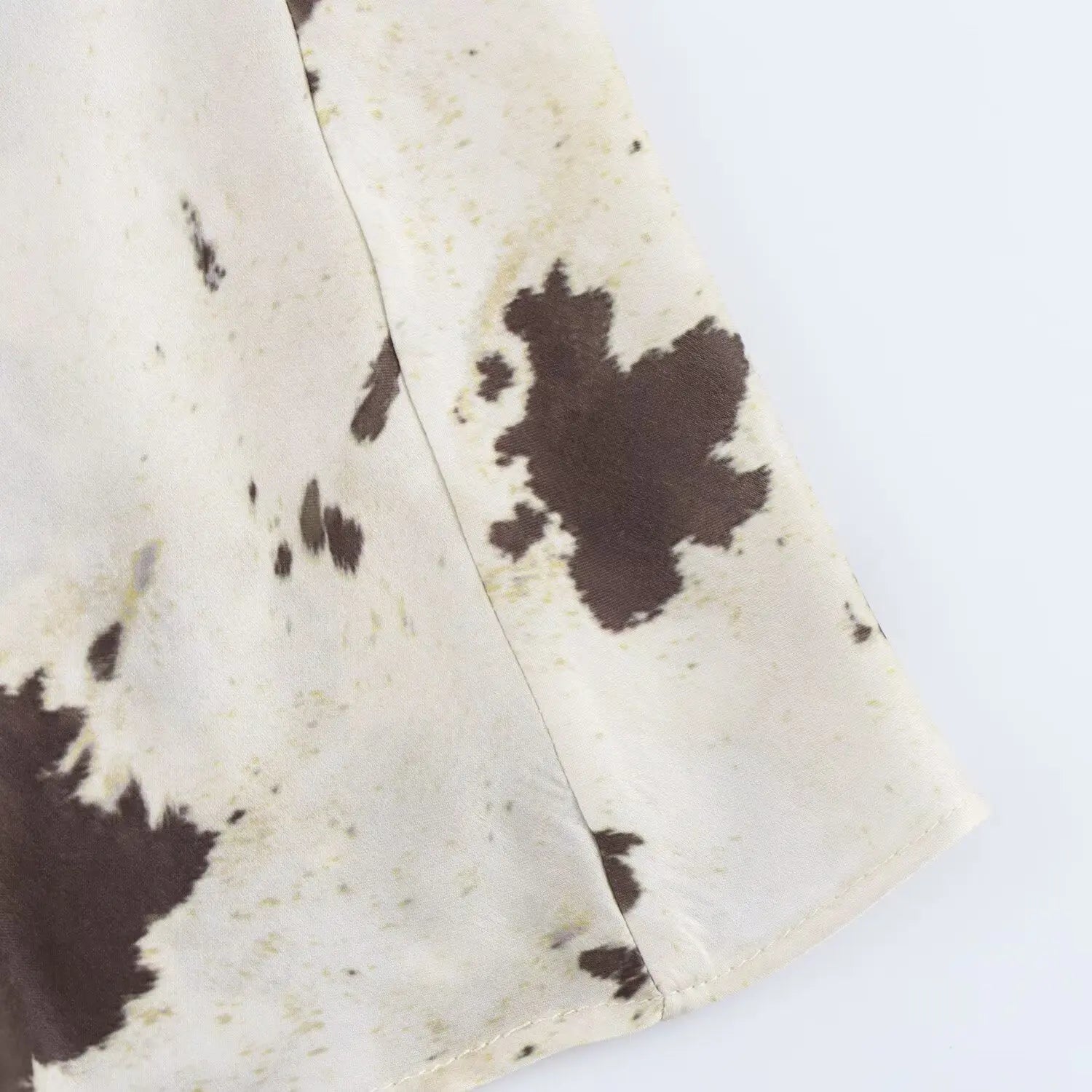 Brown Printed Casual Shirt and High Waist Drawstring Belt Satin Midi Skirt Matching Set for Women Spring Fashion Skirts Suit