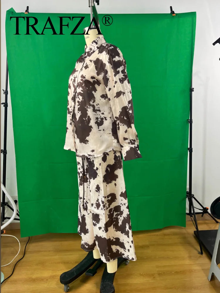 Brown Printed Casual Shirt and High Waist Drawstring Belt Satin Midi Skirt Matching Set for Women Spring Fashion Skirts Suit