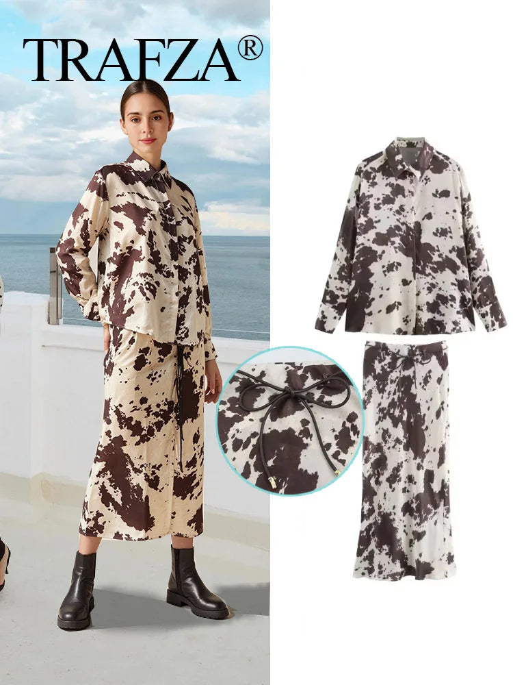 Brown Printed Casual Shirt and High Waist Drawstring Belt Satin Midi Skirt Matching Set for Women Spring Fashion Skirts Suit