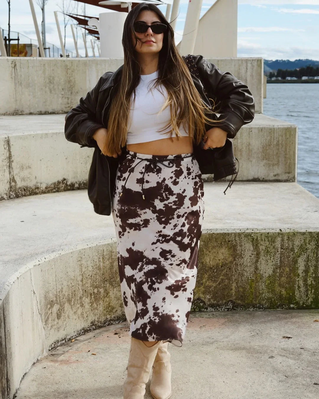 Brown Printed Casual Shirt and High Waist Drawstring Belt Satin Midi Skirt Matching Set for Women Spring Fashion Skirts Suit