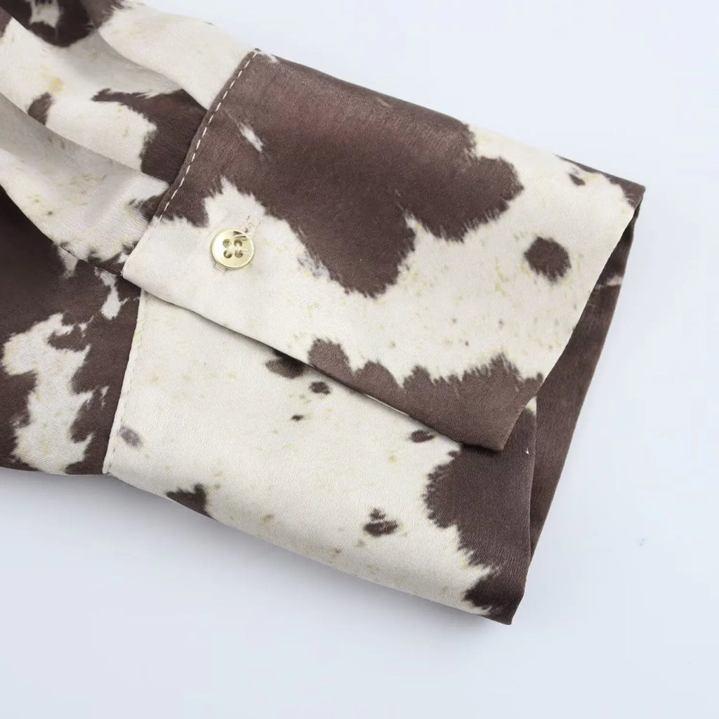 Brown Printed Casual Shirt and High Waist Drawstring Belt Satin Midi Skirt Matching Set for Women Spring Fashion Skirts Suit