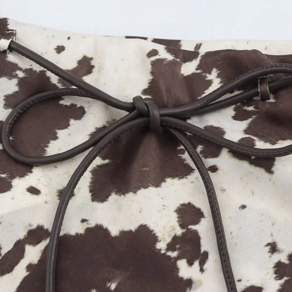 Brown Printed Casual Shirt and High Waist Drawstring Belt Satin Midi Skirt Matching Set for Women Spring Fashion Skirts Suit