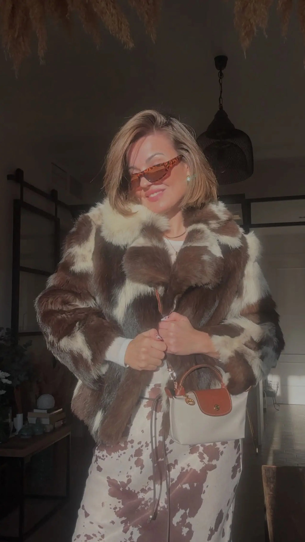 Brown Printed Casual Shirt and High Waist Drawstring Belt Satin Midi Skirt Matching Set for Women Spring Fashion Skirts Suit