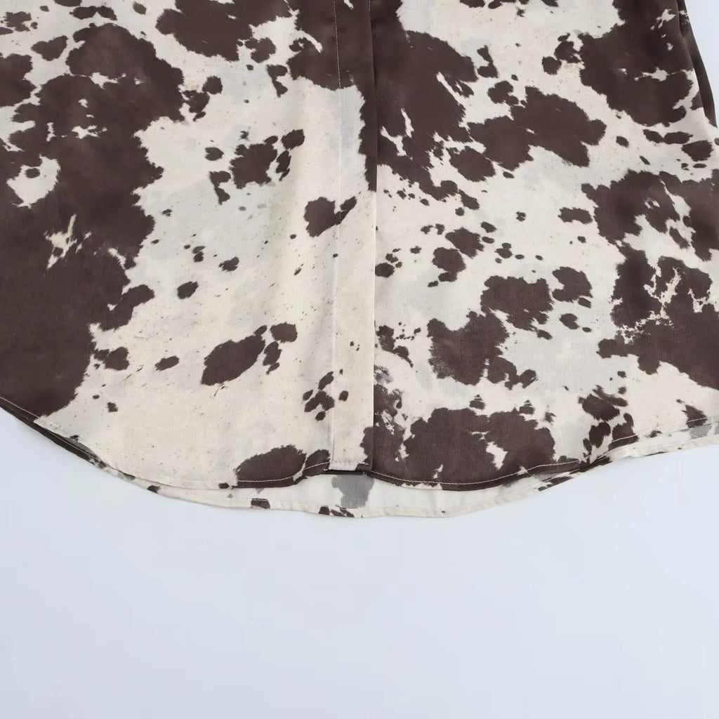 Brown Printed Casual Shirt and High Waist Drawstring Belt Satin Midi Skirt Matching Set for Women Spring Fashion Skirts Suit