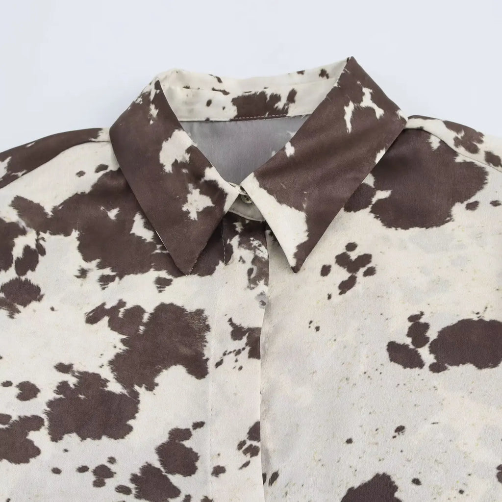 Brown Printed Casual Shirt and High Waist Drawstring Belt Satin Midi Skirt Matching Set for Women Spring Fashion Skirts Suit