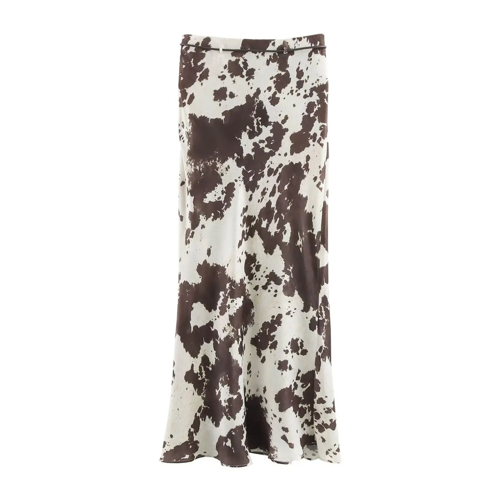 Brown Printed Casual Shirt and High Waist Drawstring Belt Satin Midi Skirt Matching Set for Women Spring Fashion Skirts Suit