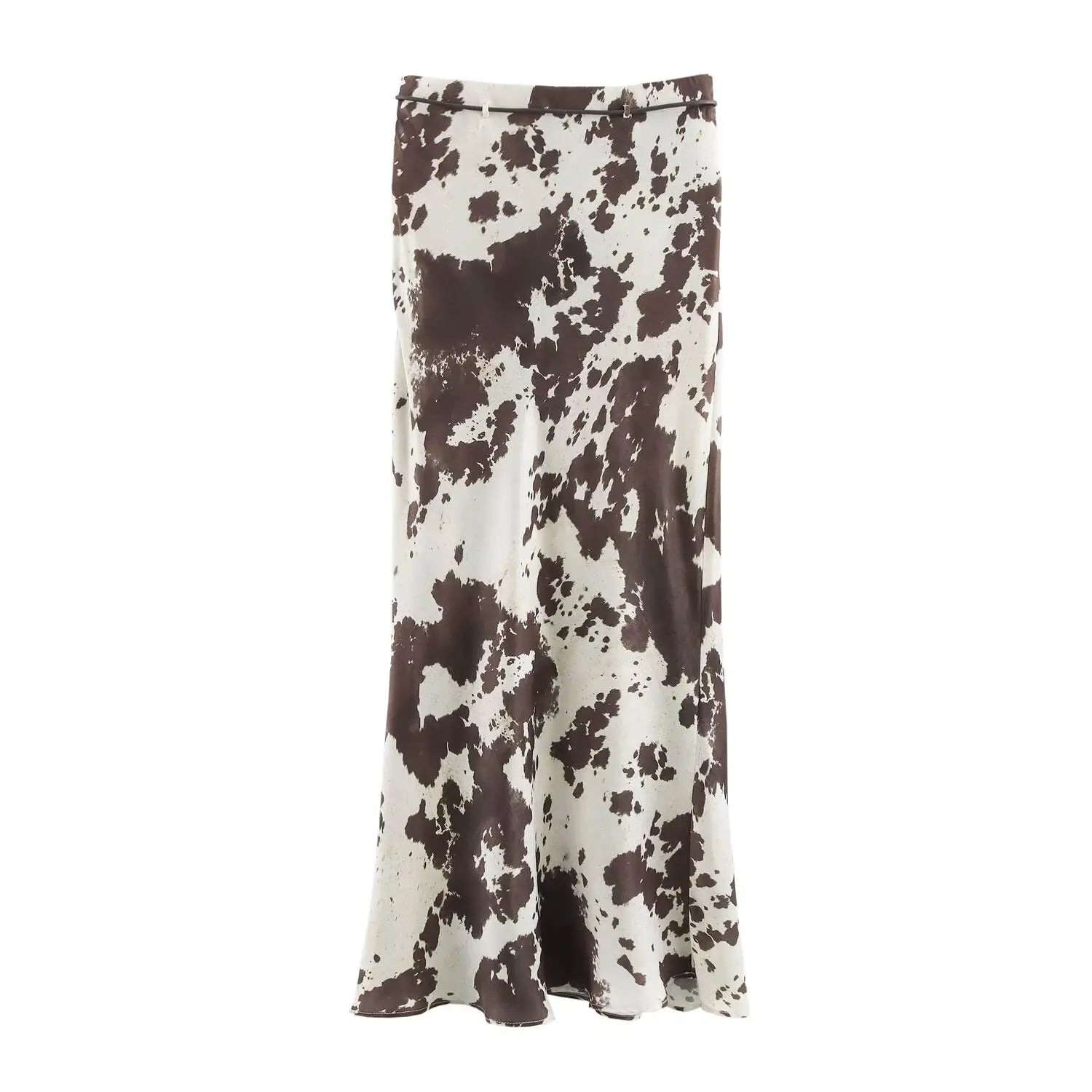 Brown Printed Casual Shirt and High Waist Drawstring Belt Satin Midi Skirt Matching Set for Women Spring Fashion Skirts Suit