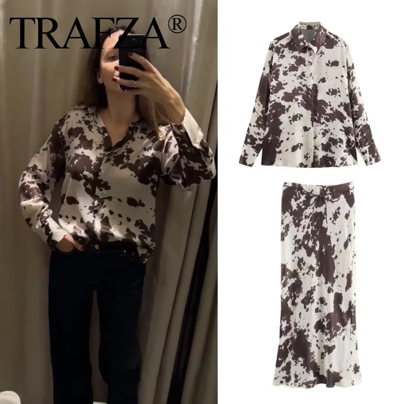 Brown Printed Casual Shirt and High Waist Drawstring Belt Satin Midi Skirt Matching Set for Women Spring Fashion Skirts Suit