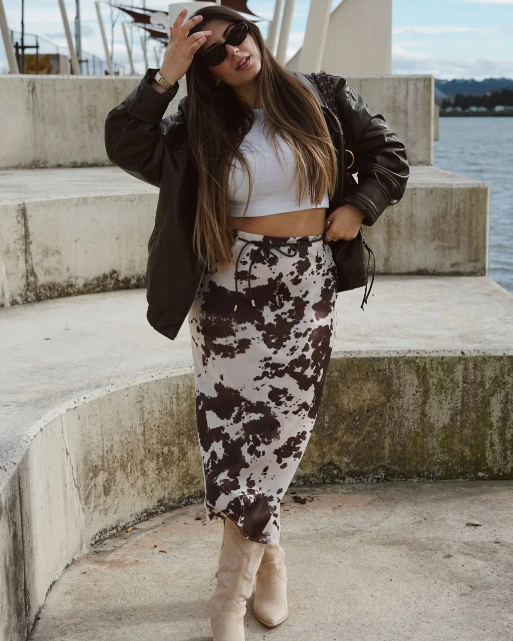 Brown Printed Casual Shirt and High Waist Drawstring Belt Satin Midi Skirt Matching Set for Women Spring Fashion Skirts Suit