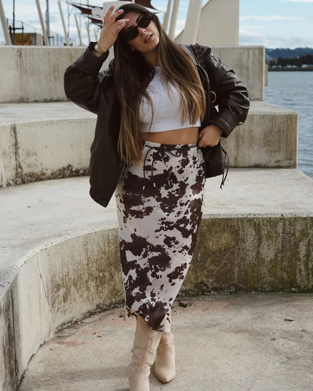 Brown Printed Casual Shirt and High Waist Drawstring Belt Satin Midi Skirt Matching Set for Women Spring Fashion Skirts Suit