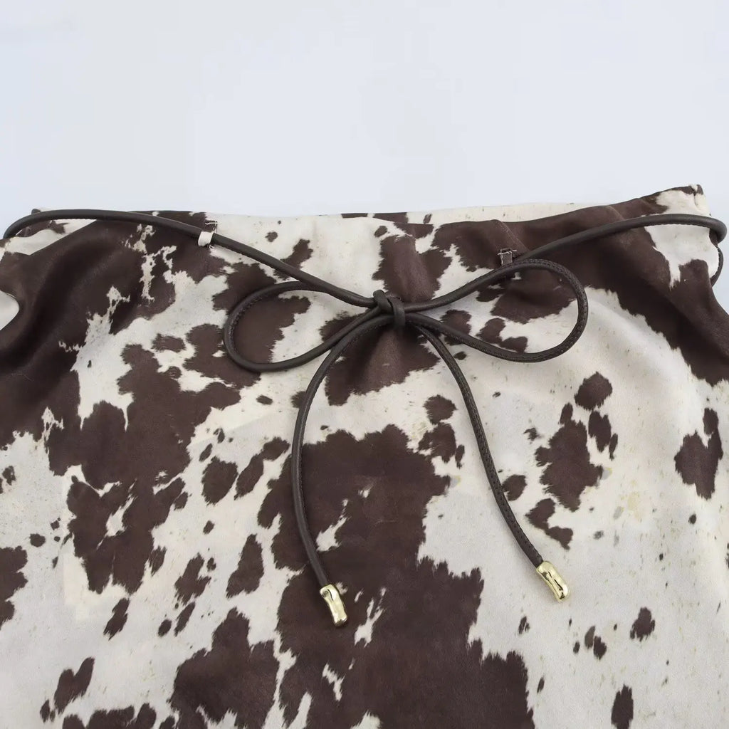 Brown Printed Casual Shirt and High Waist Drawstring Belt Satin Midi Skirt Matching Set for Women Spring Fashion Skirts Suit