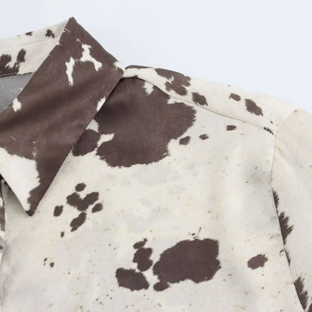 Brown Printed Casual Shirt and High Waist Drawstring Belt Satin Midi Skirt Matching Set for Women Spring Fashion Skirts Suit