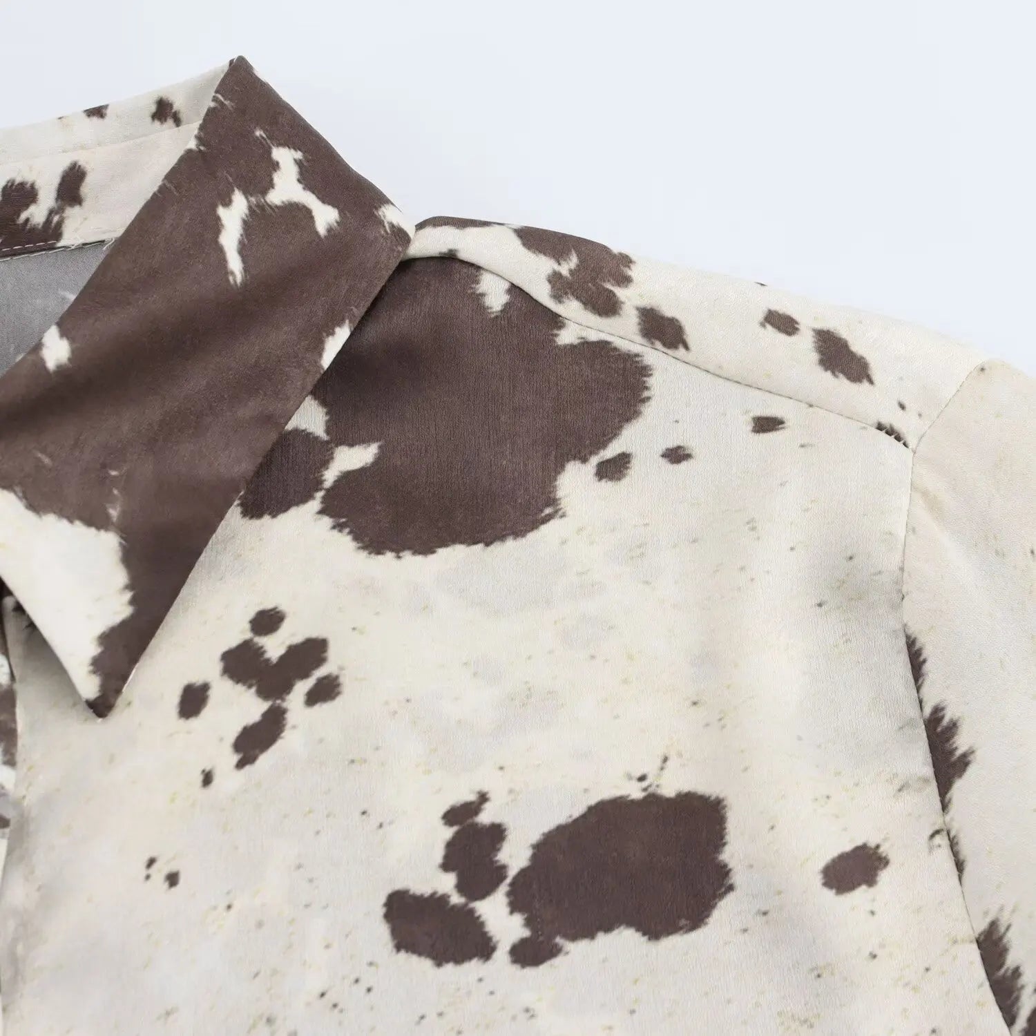 Brown Printed Casual Shirt and High Waist Drawstring Belt Satin Midi Skirt Matching Set for Women Spring Fashion Skirts Suit