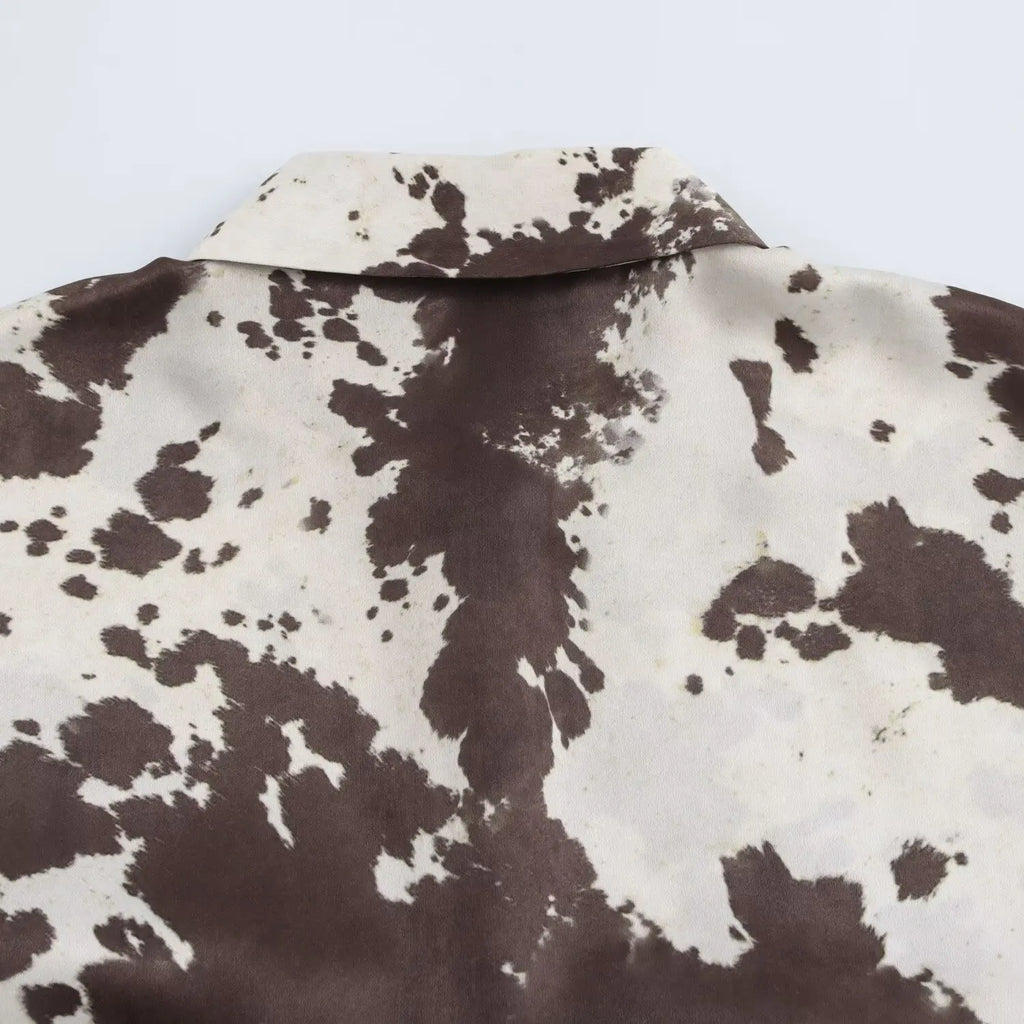 Brown Printed Casual Shirt and High Waist Drawstring Belt Satin Midi Skirt Matching Set for Women Spring Fashion Skirts Suit