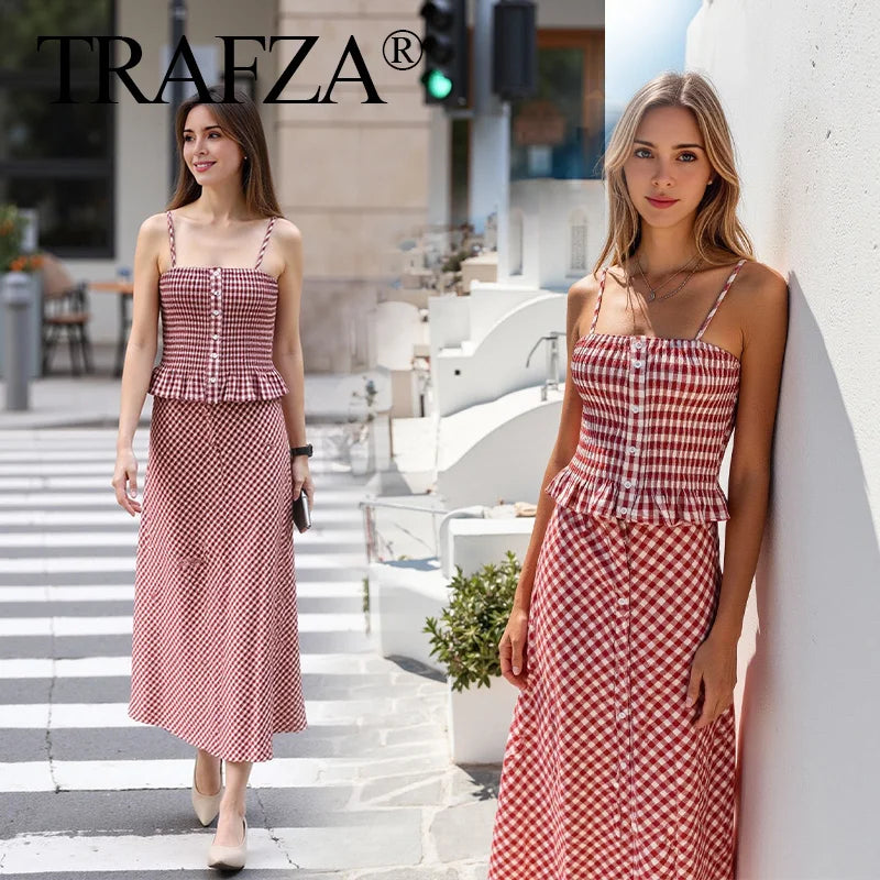 Women Pink Plaid Two-Piece Set Strapless Sling Crop Top with Elastic Waist A-Line Long Skirt Casual Loose Fit Beach Holiday Outfit