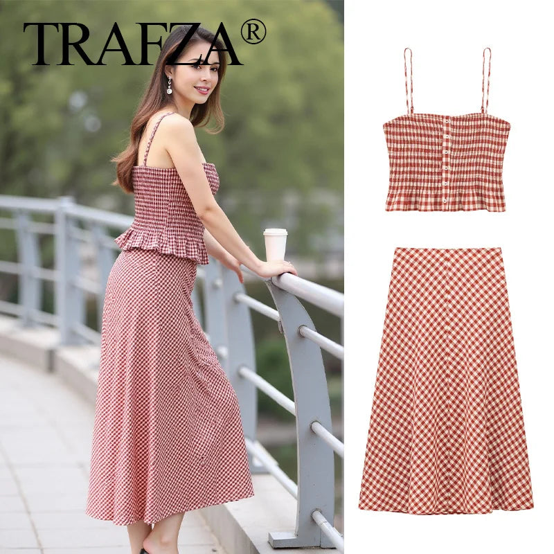 Women Pink Plaid Two-Piece Set Strapless Sling Crop Top with Elastic Waist A-Line Long Skirt Casual Loose Fit Beach Holiday Outfit