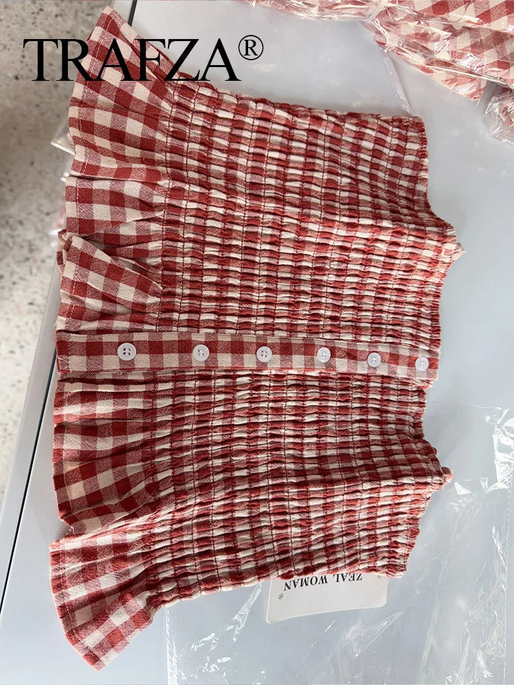 Women Pink Plaid Two-Piece Set Strapless Sling Crop Top with Elastic Waist A-Line Long Skirt Casual Loose Fit Beach Holiday Outfit