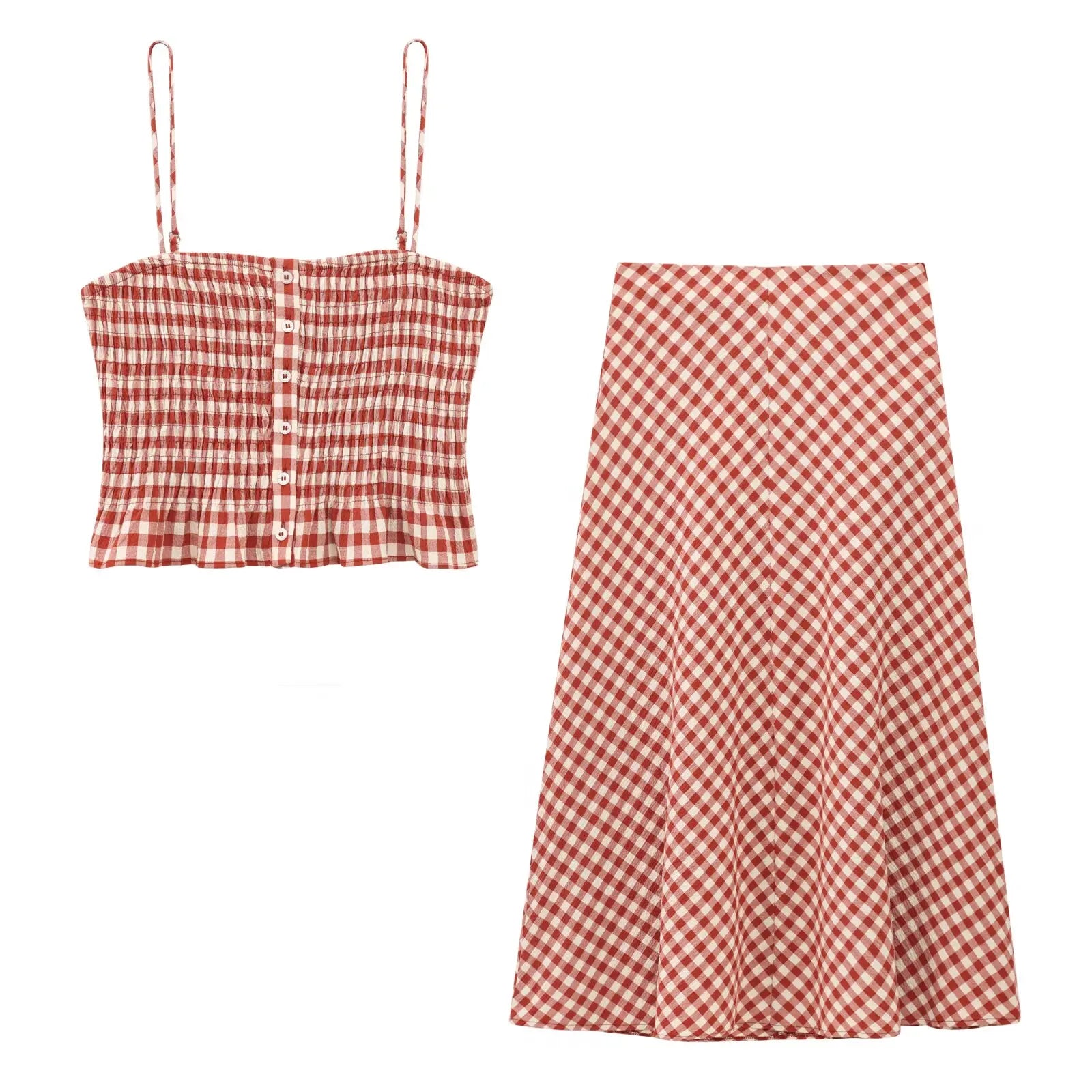 Women Pink Plaid Two-Piece Set Strapless Sling Crop Top with Elastic Waist A-Line Long Skirt Casual Loose Fit Beach Holiday Outfit