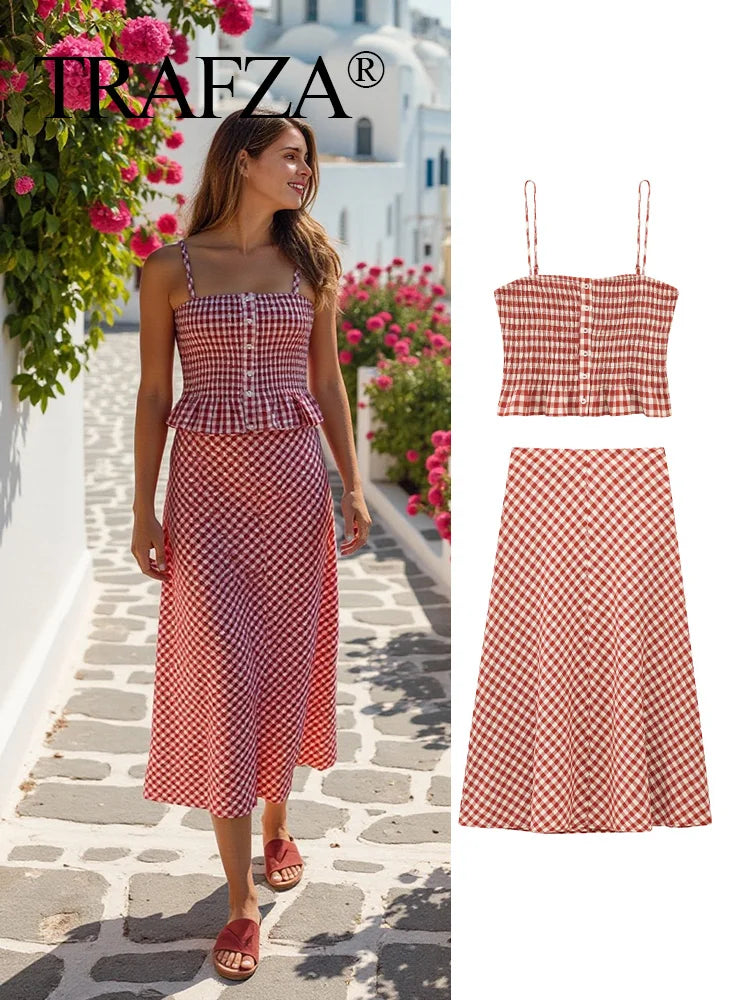 Women Pink Plaid Two-Piece Set Strapless Sling Crop Top with Elastic Waist A-Line Long Skirt Casual Loose Fit Beach Holiday Outfit