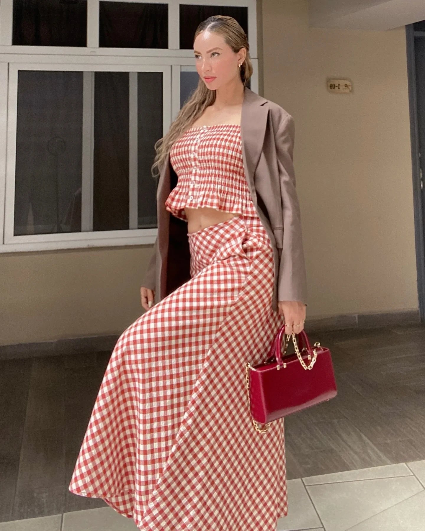 Women Pink Plaid Two-Piece Set Strapless Sling Crop Top with Elastic Waist A-Line Long Skirt Casual Loose Fit Beach Holiday Outfit