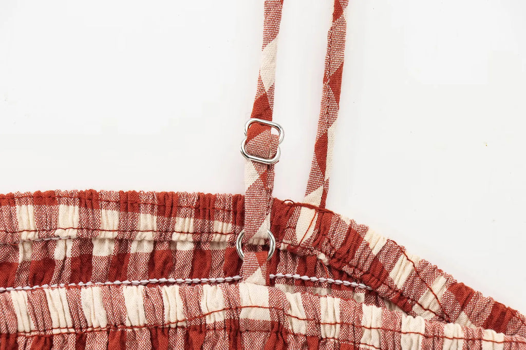 Women Pink Plaid Two-Piece Set Strapless Sling Crop Top with Elastic Waist A-Line Long Skirt Casual Loose Fit Beach Holiday Outfit