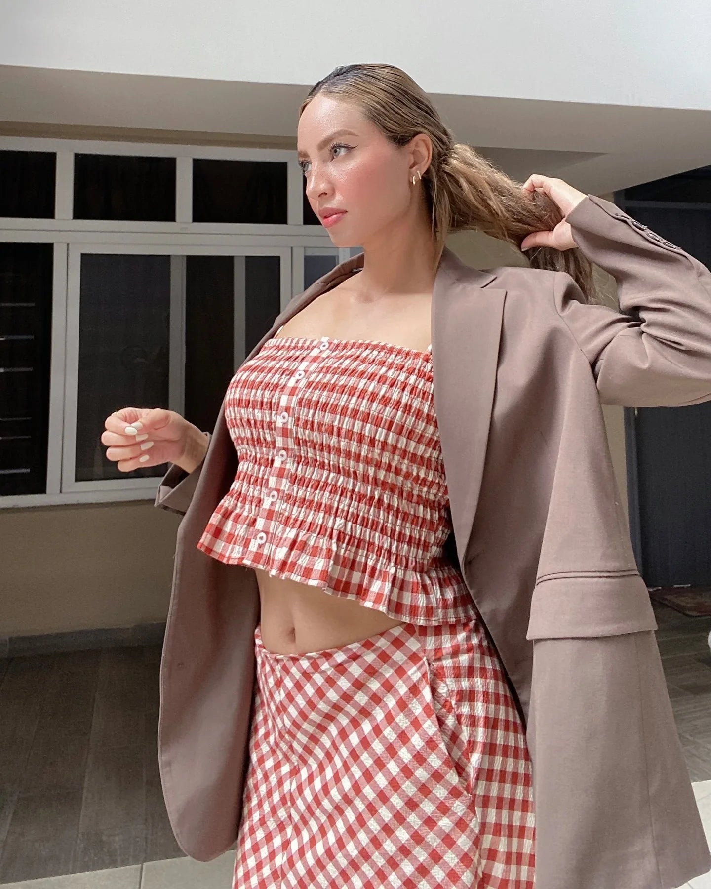 Women Pink Plaid Two-Piece Set Strapless Sling Crop Top with Elastic Waist A-Line Long Skirt Casual Loose Fit Beach Holiday Outfit